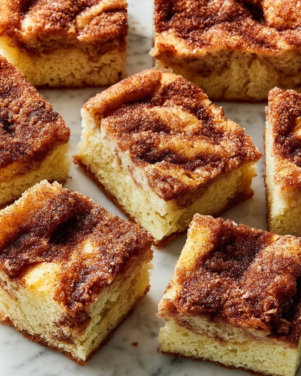 The image shows several square pieces of cinnamon coffee cake closely arranged on a white marbled surface. Each piece has two visible layers: a light yellow, soft, and fluffy cake base with tiny air holes and a darker brown, textured cinnamon sugar topping that looks slightly crisp and caramelized. Some pieces show a thin, darker cinnamon swirl thread inside the cake layer. The top layer has uneven patches of baked cinnamon sugar that create a rough, crumbly texture with small shiny sugar crystals visible. The cake squares are slightly thick, and their edges are sharp and clean. photo taken with an iphone --ar 4:5 --v 7