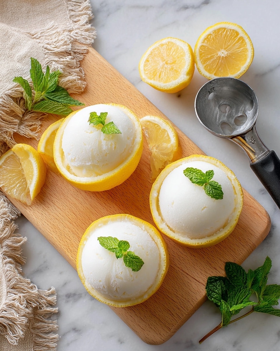 Three scoops of white lemon sorbet are placed inside hollowed yellow lemon halves, each topped with a small green mint leaf. These lemon sorbets sit on a light wooden board, which is placed on a white marbled surface. Around the board, there are two lemon wedges, a metal ice cream scoop with a black handle, and a sprig of fresh mint leaves. A beige fringed cloth is partially visible on the left side. The overall look is fresh and bright. photo taken with an iphone --ar 4:5 --v 7