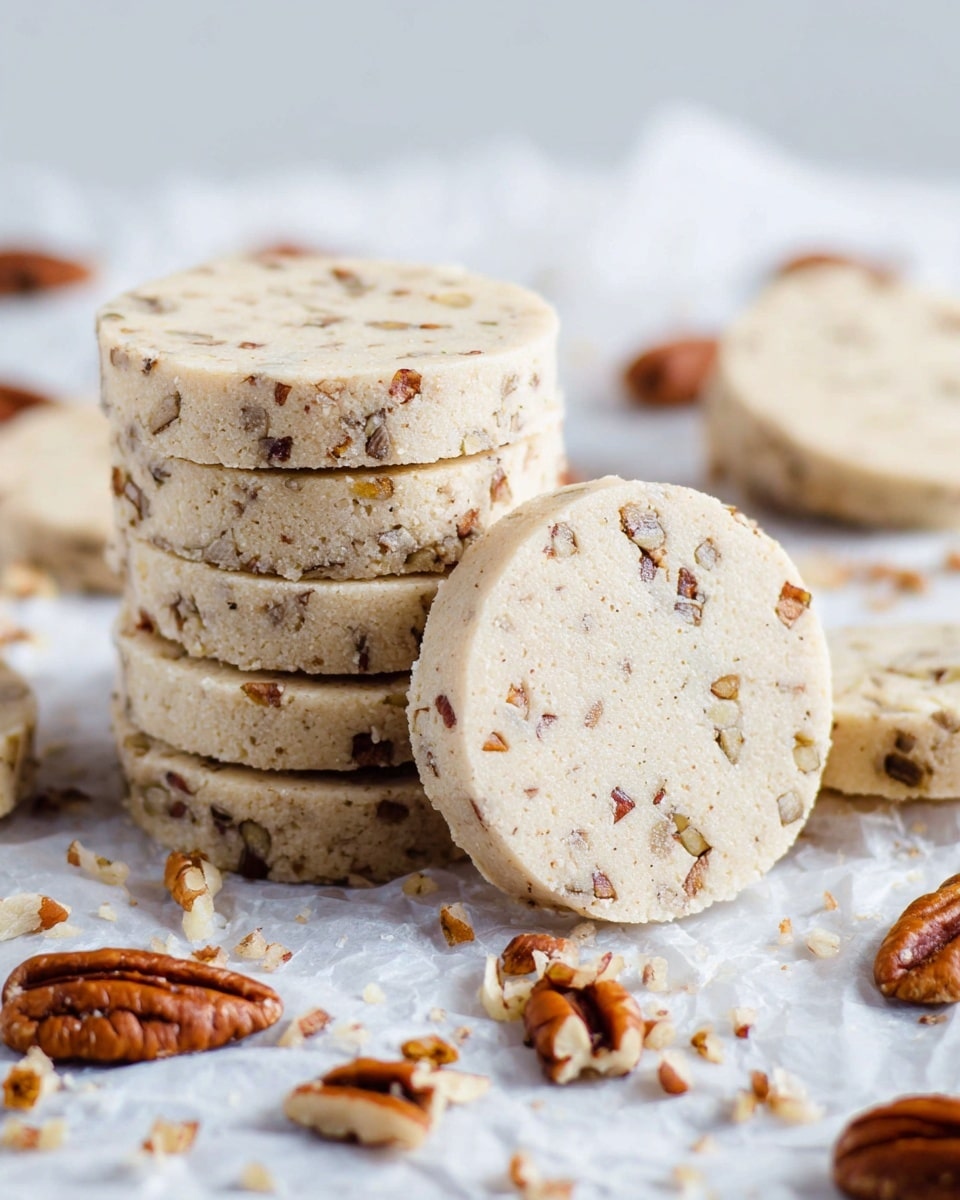A close-up view of a stack of round shortbread cookies with chopped pecans visible throughout the light beige dough. One cookie leans against the stack, showing texture with small nut pieces inside. Around the stack, more single cookies lie flat on a crinkled white paper on a white marbled surface. Scattered pecan halves and small nut crumbs add detail to the scene, creating a natural and inviting look. photo taken with an iphone --ar 4:5 --v 7