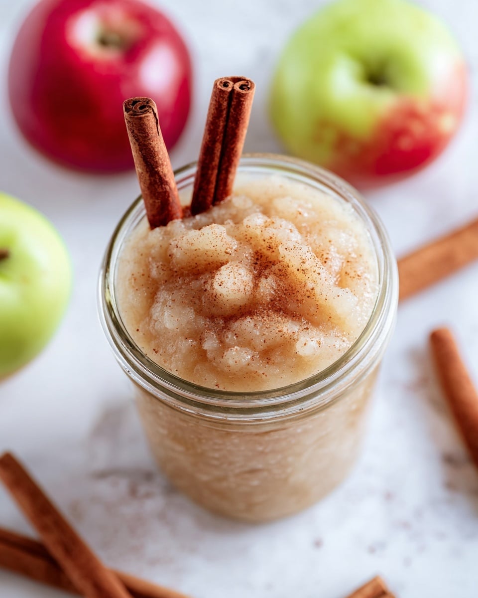A close-up of a glass jar filled with light beige chunky applesauce, sprinkled lightly with cinnamon powder on top. Two brown cinnamon sticks are inserted standing upright into the jar. Around the jar, there are a few whole red and green apples and several cinnamon sticks lying on a white marbled surface. The texture of the applesauce looks soft and slightly glossy. photo taken with an iphone --ar 4:5 --v 7