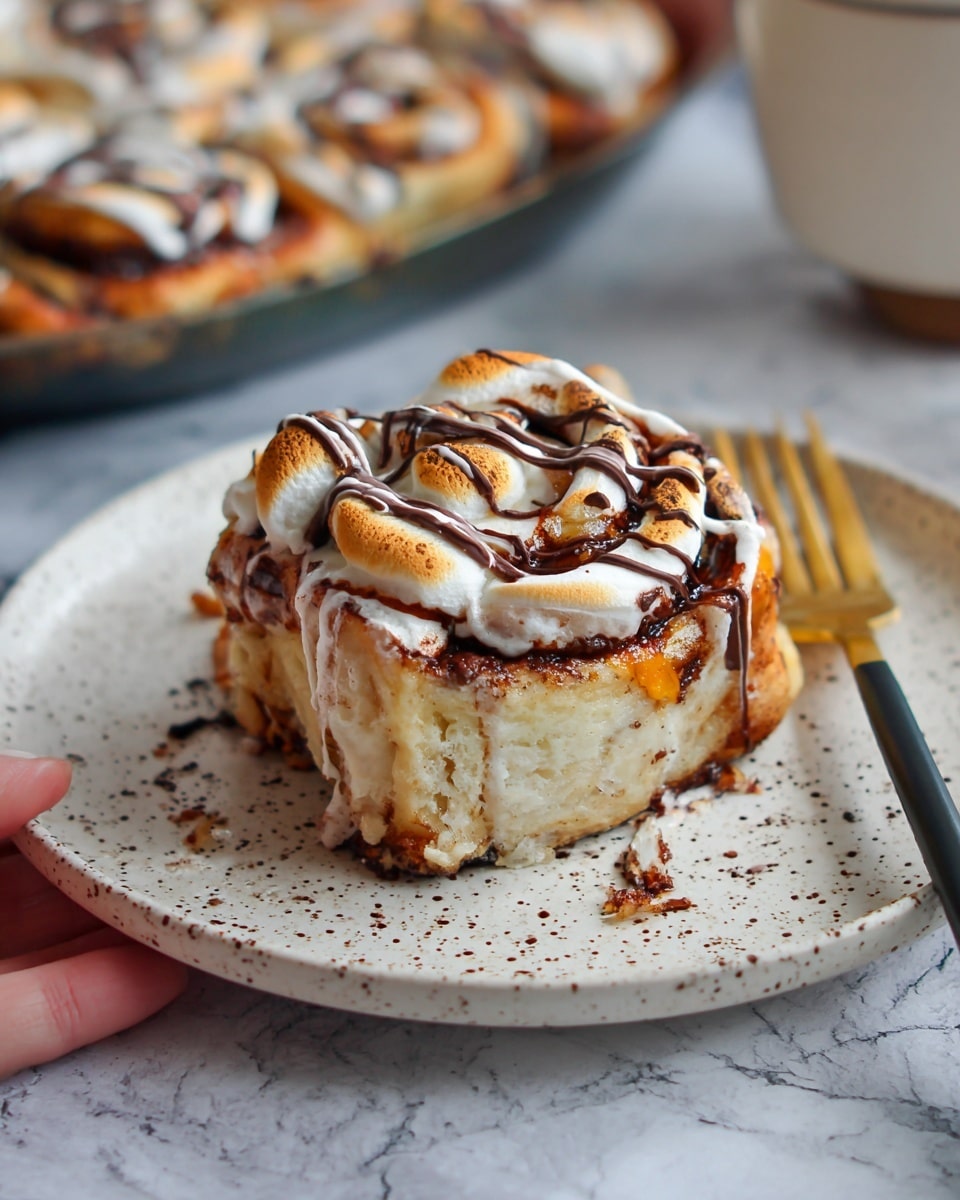 The image shows a thick, square cinnamon roll with three visible layers: a soft, light golden-brown dough base, a middle layer with swirled cinnamon filling, and a top layer covered with toasted marshmallows and small bits of chocolate. The roll is drizzled with white icing and a darker chocolate drizzle on top. The cinnamon roll sits on a white plate with a thin gold rim and specks, placed on a white marbled surface. To the right of the roll is a gold fork with a black handle, resting on the plate. In the background, a larger serving tray of similar cinnamon rolls is partially visible. Photo taken with an iphone --ar 4:5 --v 7