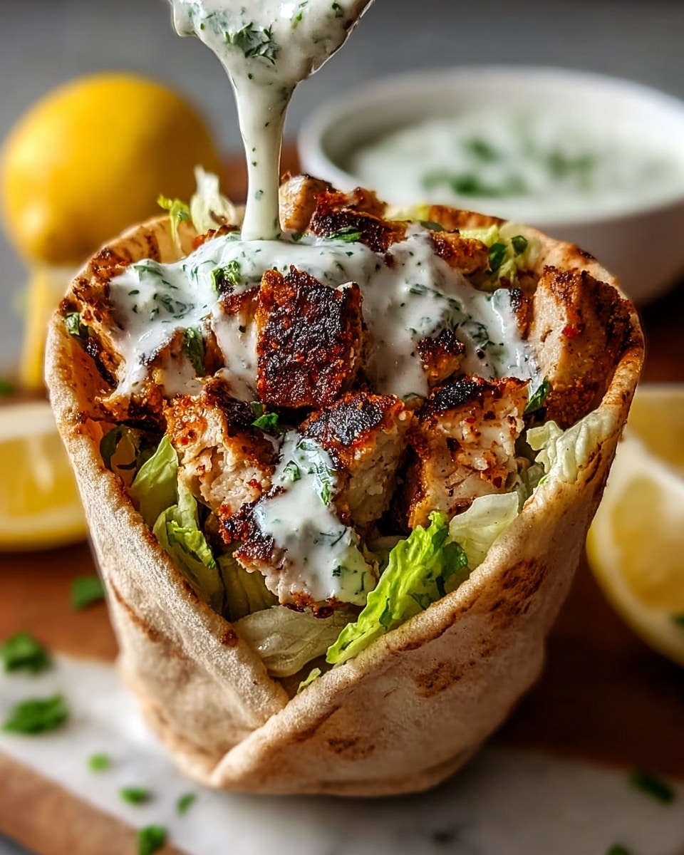 A pita wrap filled with three layers: the bottom layer is bright green chopped lettuce, the middle layer is chunky grilled chicken pieces with a charred, dark brown and orange texture, and the top layer is a creamy white sauce with green herbs being poured from above, covering the chicken. The pita bread is light brown and slightly toasted, wrapped tightly around the filling. In the background, there is a white bowl with the same sauce and a partially visible lemon on a white marbled surface. photo taken with an iphone --ar 4:5 --v 7