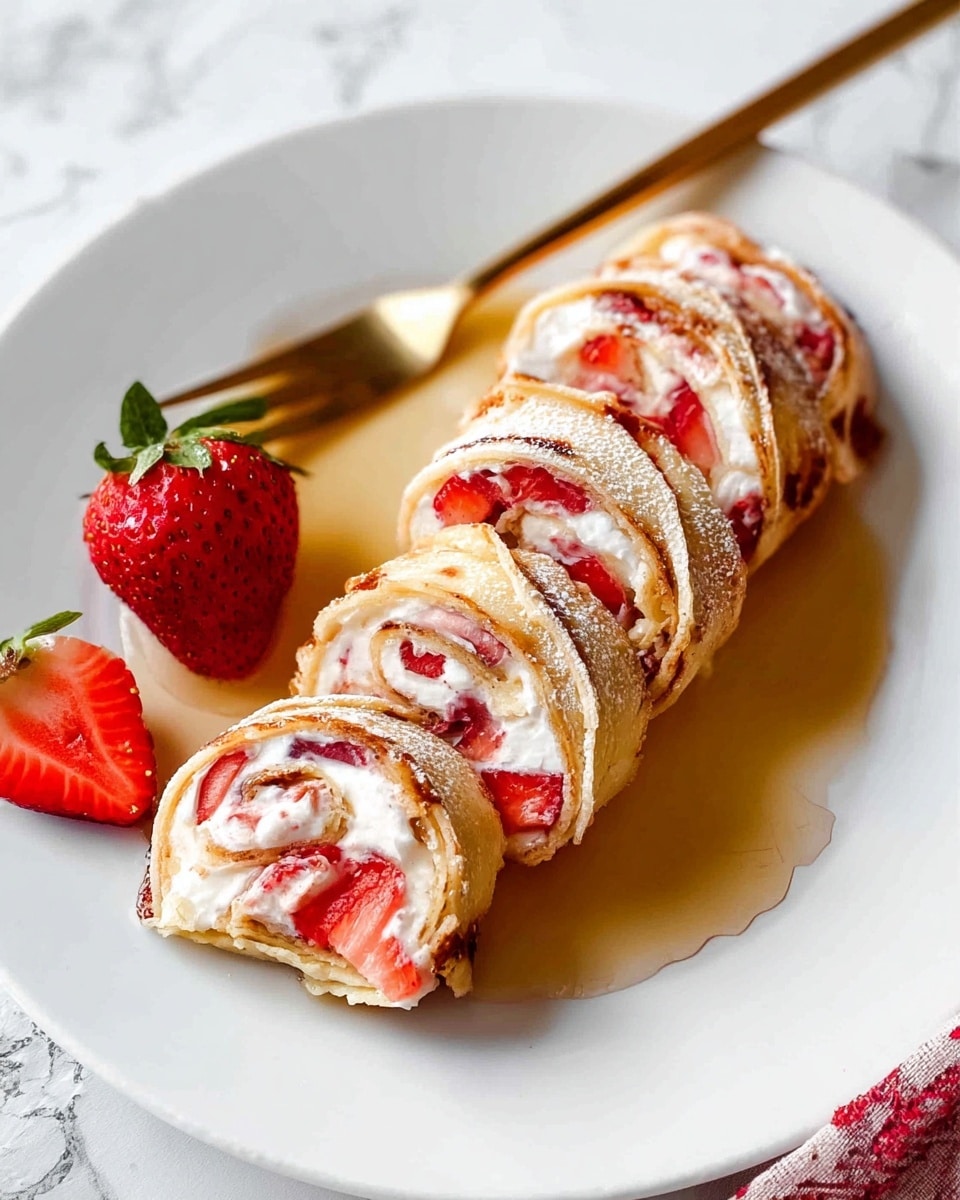 A white plate with several slices of a rolled crepe dessert, each slice showing three visible layers: a thin golden-brown crepe on the outside, a creamy white layer inside, and bright red strawberry pieces layered within. The crepe slices are arranged in a line on the plate, partially resting in a light golden syrup pool that reflects light. Two strawberries, one whole with green leaves and one cut in half showing the red inside, are placed near the crepe slices. A golden fork rests on the left side of the plate. The background is a white marbled surface. photo taken with an iphone --ar 4:5 --v 7