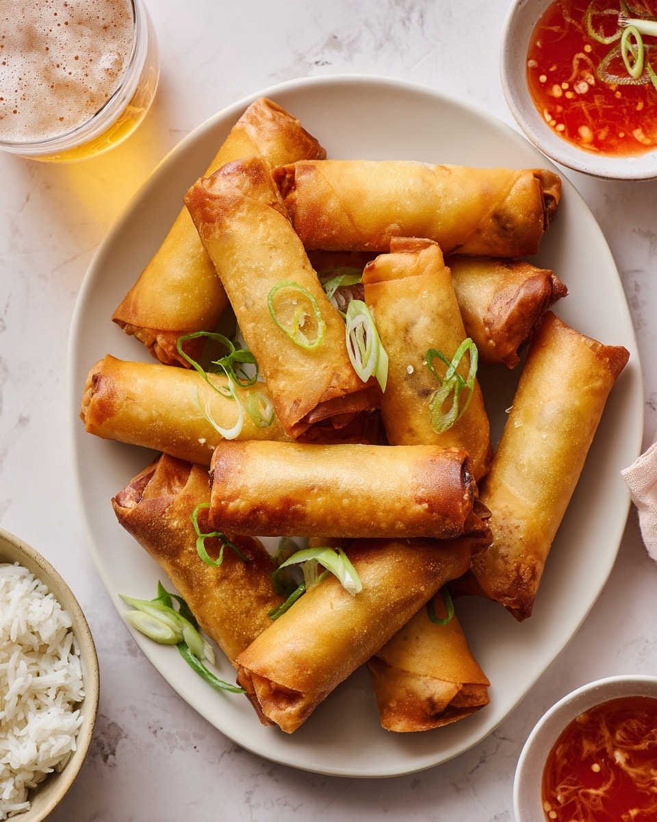 A white plate with many golden brown spring rolls stacked in the center, each spring roll showing a crispy, smooth texture. Thin green slices of scallions are scattered on top and around the plate, adding a touch of fresh color. To the right, a white bowl filled with bright red dipping sauce garnished with scallion slices sits beside a clear glass of foamy beer. On the left, a small white bowl holds plain white rice, with a few scallion slices nearby. The whole setup rests on a white marbled surface with soft light enhancing the warm, crispy look of the spring rolls. Photo taken with an iphone --ar 4:5 --v 7