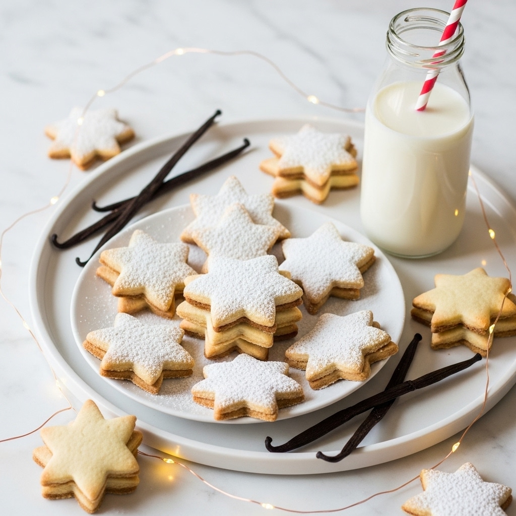 A white plate filled with star-shaped cookies stacked in two layers; the bottom cookie layer is plain golden brown with a smooth texture, and the top cookie layer is dusted with white powdered sugar, creating a soft, snowy look on top. Around the plate, more star cookies are scattered, some plain and some powdered. The plate sits on a larger round tray set on a white marbled surface. Near the plate, there are dark brown vanilla pods and a tall glass bottle filled with milk, showing a red-and-white striped straw inside. Thin copper fairy lights are gently draped around the scene, adding a warm glow. Photo taken with an iphone --ar 4:5 --v 7
