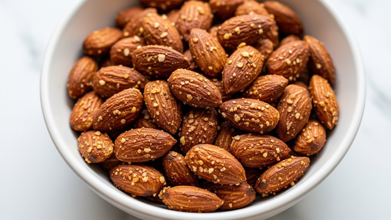 A close-up of many roasted almonds spread out evenly on a baking tray. The almonds vary in shades of golden brown to deep reddish-brown, with a light sprinkling of coarse salt visible on their slightly shiny, textured surfaces. The baking tray background is gray and smooth, contrasting with the warm tones of the almonds. The almonds are scattered in a way that covers the entire tray area, showing their almond shapes clearly with some overlapping slightly. Photo taken with an iphone --ar 4:5 --v 7