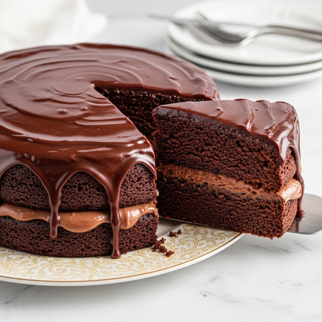 A rich chocolate cake with two thick dark brown layers, separated by a moist, shiny chocolate filling layer in the middle; the top is covered with a smooth, glossy dark chocolate ganache that slightly drips over the edges. One slice is cut and slightly pulled out, showing the even texture of the cake and shiny ganache both on top and sides. The cake sits on a white plate with intricate yellow floral patterns, placed on a white marbled textured surface with a blurred stack of white plates with silver edges and utensils in the background. Photo taken with an iphone --ar 4:5 --v 7