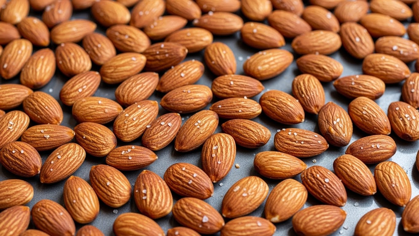 A close-up view of a white round bowl filled with a single layer of roasted almonds coated with coarse salt and seasoning. The almonds are a rich brown color with a slight shine from roasting, and the seasoning bits are scattered unevenly on their rough surfaces. The bowl is placed on a white marbled textured surface, with natural light enhancing the warm tones of the almonds. Photo taken with an iphone --ar 4:5 --v 7
