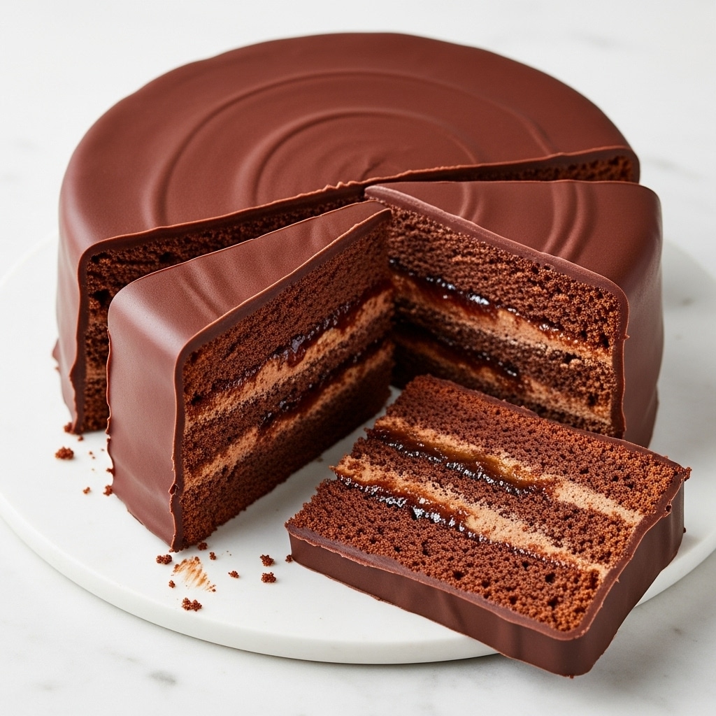 A chocolate cake sliced into four pieces sits on a white plate on a white marbled texture. Each slice shows three layers: the top and bottom are dark brown chocolate sponge, and in the middle, there is a thin, slightly shiny layer of lighter brown jam or filling. The entire cake is covered with a thick, smooth, glossy dark chocolate coating that wraps the top and sides of the cake. Some chocolate smudges are visible on the plate near the slices. Photo taken with an iphone --ar 4:5 --v 7