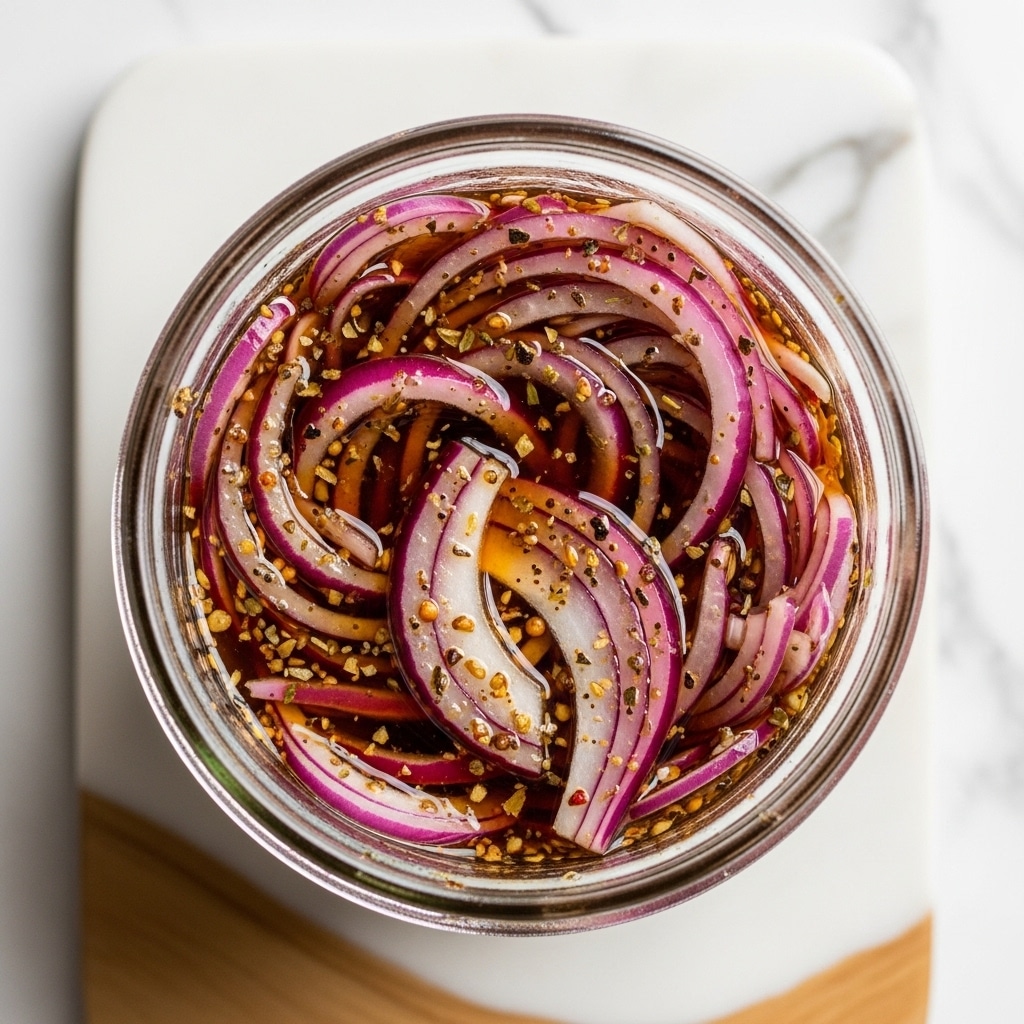 A top-down view of a glass jar filled with thinly sliced red onions soaked in a dark, brownish-red liquid mixed with visible herbs and spices. The onions have a vibrant purple and white color with a translucent texture from soaking. The jar is placed on a white marbled textured wooden board. The liquid appears thick with small floating bits of oregano, pepper, and possibly other seasonings, creating a rich and textured look. photo taken with an iphone --ar 4:5 --v 7