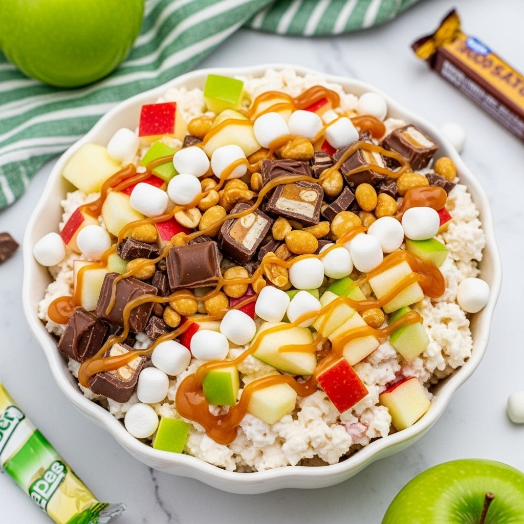A white scalloped bowl is filled with a creamy dessert mix that forms the base layer with a soft white color and fluffy texture. Mixed inside and piled on top are small cubes of red and green apples, adding bright splashes of color and a crisp, juicy texture. Scattered across the top are mini marshmallows, golden crunchy nuts, and chopped chocolate bars with a rich dark brown and caramel swirl, providing a varied texture and a sweet, nutty look. A drizzle of light caramel sauce covers the surface, adding a shiny golden layer over the colorful mix. The bowl is placed on a white marbled surface, with a green apple and a striped green cloth visible nearby, as well as a candy bar wrapper in the background. Photo taken with an iphone --ar 4:5 --v 7