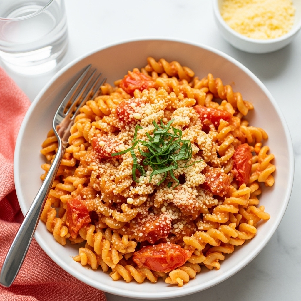 A white bowl is filled with twisted rotini pasta coated in a light reddish sauce, with visible chunks of tomato scattered evenly throughout. The pasta is topped with a sprinkle of fine, pale yellow grated cheese and small green herb pieces, mostly in the center. A shiny silver fork rests inside the bowl on the left side, and the bowl sits on a white marbled surface next to a coral-colored cloth and a glass of water. In the background, a small white bowl holds more grated cheese. photo taken with an iphone --ar 4:5 --v 7