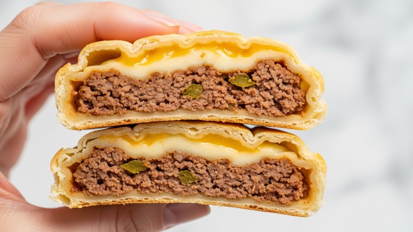 The image shows a close-up of a sliced meat-filled pastry held by a woman's hand with a blurred white marbled surface in the background. The pastry has two layers of light golden-brown crust that look soft and slightly flaky. Inside, there are two main filling layers: the lower layer is a cooked ground meat mix with visible small chunks of meat and bits of green vegetable, having a brown and slightly reddish color and a moist texture; the upper layer has melted cheese with a creamy yellow color that blends well with the meat, creating a rich, gooey look. The cross-section highlights the contrast between the golden crust and savory filling. Photo taken with an iphone --ar 4:5 --v 7