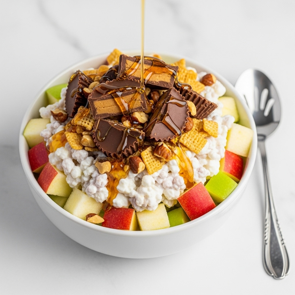 A white bowl filled with a layered dish that includes chunks of red and green apples, creamy white yogurt or cottage cheese mixed with small cereal pieces, and scattered nuts. On top, there are broken pieces of chocolate-covered peanut butter cups broad enough to see the brown and golden inside. A golden syrup is being drizzled from above, flowing down over the chocolate and nuts. The bowl sits on a surface with white marbled texture, and a silver spoon with a cut-out design is placed nearby on the right side. photo taken with an iphone --ar 4:5 --v 7