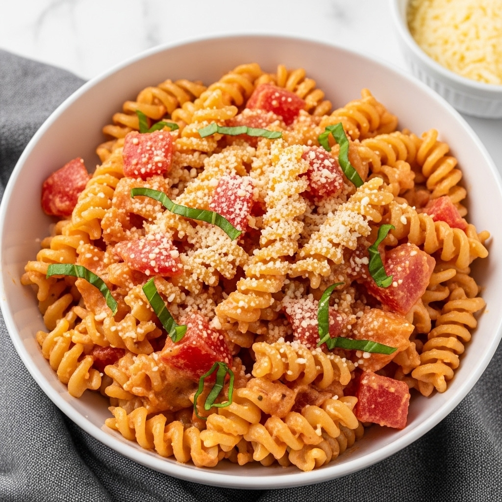 A close-up of a white bowl filled with spiral pasta coated in a light orange-pink tomato sauce. The pasta is mixed evenly with small chunks of chopped tomatoes scattered throughout. On top, finely grated pale yellow cheese is sprinkled, along with small, bright green basil pieces adding a fresh touch. The bowl rests on a gray cloth, and the background is a white marbled surface with a partially visible bowl of cheese on the right side. photo taken with an iphone --ar 4:5 --v 7