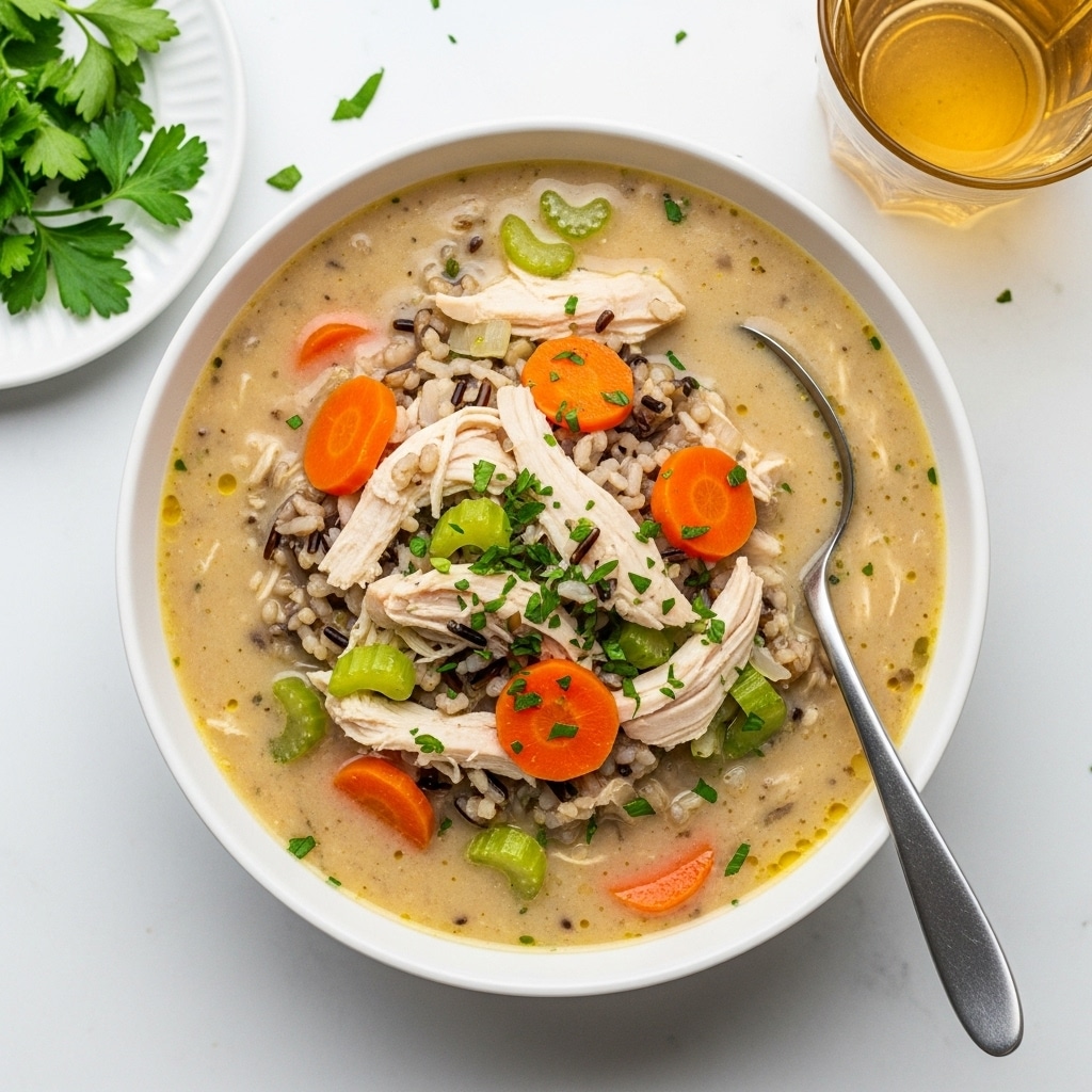 A top view of a bowl of thick creamy soup filled with visible layers of shredded white chicken pieces, orange carrot slices, green celery chunks, and small bits of wild rice mixed throughout the light beige broth. The soup is garnished with small finely chopped green herbs sprinkled on top, with a silver spoon resting in the bowl on the right side. The bowl is white and placed on a white marbled surface, accompanied by a small white plate with fresh green parsley and a transparent glass of light-colored liquid nearby. Photo taken with an iphone --ar 4:5 --v 7