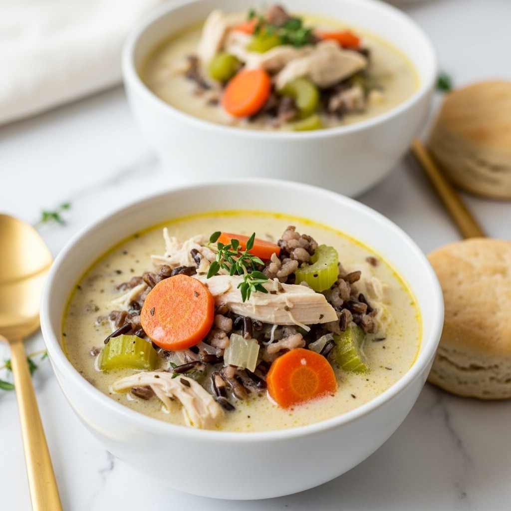 Two white bowls filled with creamy chicken and wild rice soup sit on a white marbled textured surface. The soup shows visible layers of orange carrot slices, pale green celery pieces, white shredded chicken, and dark wild rice grains mixed in a thick light cream base. One bowl is closer to the camera, showing a sprig of green thyme on top as garnish. The background bowl is slightly out of focus, and a golden spoon and beige biscuit rest beside the bowls. The scene is softly lit, highlighting the soup’s textures and colors. Photo taken with an iphone --ar 4:5 --v 7