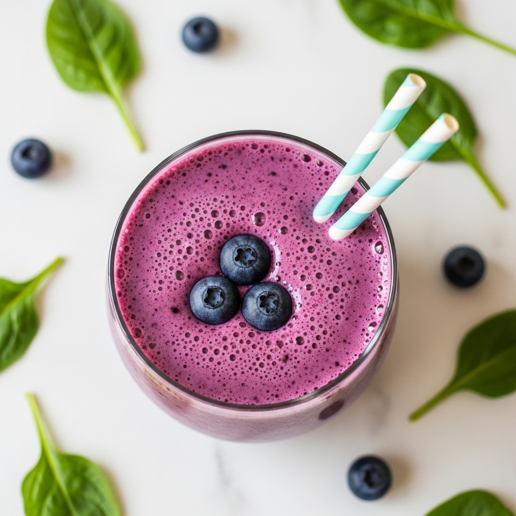 A clear round glass filled with a thick purple smoothie that has a slightly bubbly texture on top, garnished with three fresh blueberries floating in the center, and two striped paper straws in white and light blue placed inside the glass, all set against a white marbled surface with scattered green spinach leaves and blueberries around. Photo taken with an iphone --ar 4:5 --v 7
