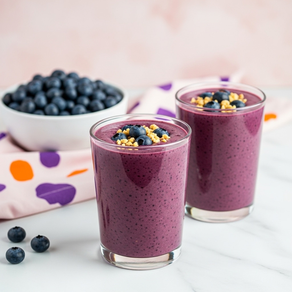 Two tall clear glasses filled with thick dark purple smoothie showing a smooth texture with tiny specks throughout, topped with small blueberries and crushed nuts as garnish. A light pink cloth with purple and orange spots lies under a white bowl filled with fresh blueberries in the background. All items set on a white marbled surface with a soft pink wall in the background. photo taken with an iphone --ar 4:5 --v 7