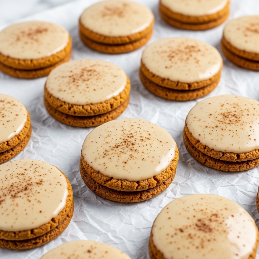 The image shows several round cookies arranged closely together on crumpled white parchment paper over a white marbled surface. Each cookie has one thick layer with a golden-brown, slightly rough texture and a smooth layer of light beige icing on top that is evenly spread with a shiny finish. There are fine sprinkles of light brown powder on the icing, adding a subtle speckled look. The cookies are uniform in size and fill the frame closely, creating a cozy and warm feeling. Photo taken with an iphone --ar 4:5 --v 7
