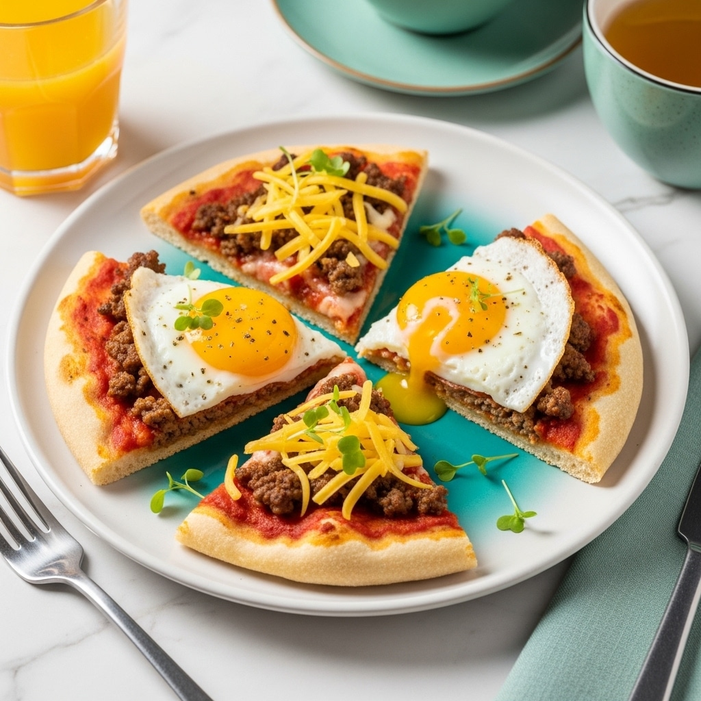 The dish is a small pizza cut into four slices, served on a white plate with a teal center. The base layer is a light golden-brown crust topped with a spread of red tomato sauce. Over the sauce, there are scattered browned ground meat pieces and melted shredded yellow cheese. Two of the slices also have a cooked sunny-side-up egg with a bright yellow yolk sitting near the edges. The pizza is sprinkled with small green herbs, adding a fresh touch. The plate is set on a white marbled surface with a fork and a knife nearby, and there’s a glass of orange juice and a teal cup with a light-colored drink in the background. photo taken with an iphone --ar 4:5 --v 7
