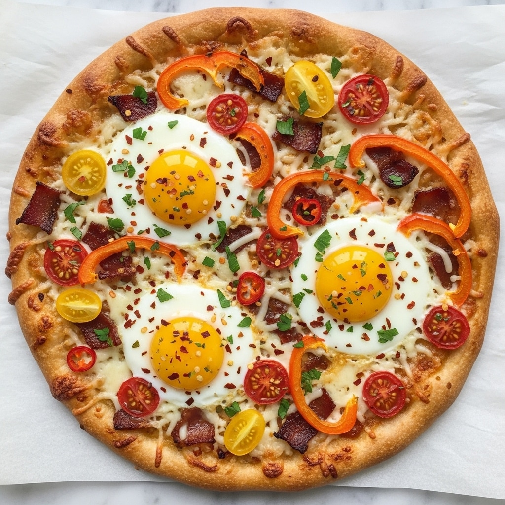 A golden-brown crispy pizza crust forms the base, topped with a layer of melted cheese sprinkled with red chili flakes and finely chopped green herbs. Three sunny-side-up eggs with bright yellow yolks are evenly spaced on top, surrounded by slices of red and yellow cherry tomatoes, thin orange bell pepper strips, and dark pieces of cooked bacon scattered across the surface. The cheese is melted and stringy, mixing with the toppings to create a rich texture. The pizza sits on a sheet of parchment paper over a white marbled surface. photo taken with an iphone --ar 4:5 --v 7