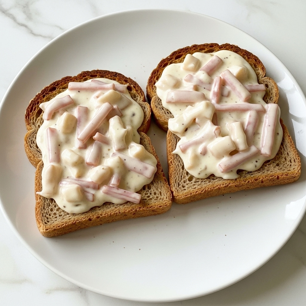 Two slices of toasted brown bread lie on a white plate. They are topped with a creamy white sauce that covers most of the toast, with visible pieces of thinly sliced pink ham mixed into the sauce. The toast edges are golden and crisp. The creamy sauce looks smooth and slightly glossy, spreading unevenly across the bread. The background is a white marbled surface. Photo taken with an iphone --ar 4:5 --v 7