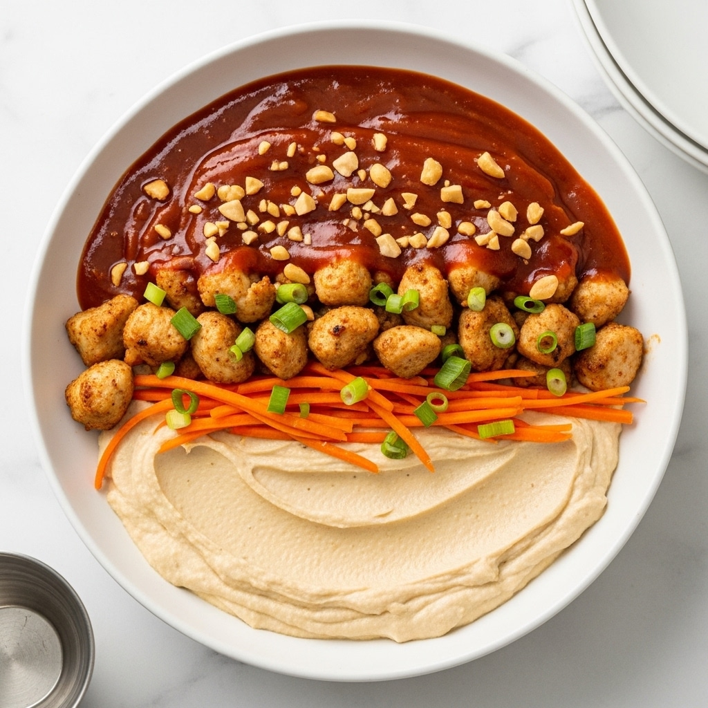 A shallow white bowl holds a dish with three main layers: the bottom layer is creamy and smooth, light beige in color and spread evenly, the middle layer is made of small, cooked chicken pieces with a light brown color mixed with thin orange carrot strips and chopped green scallions, and the top layer drizzled in glossy, thick reddish-brown sauce with scattered crushed peanuts throughout. The dish sits on a white marbled surface, and part of another white plate is visible in the upper right corner along with a metal cup or bowl in the lower left. photo taken with an iphone --ar 4:5 --v 7