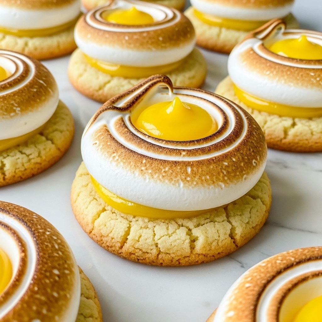 The image shows a close-up of round lemon meringue cookies on a white marbled surface. Each cookie has a base layer of soft, light golden-brown dough with a slightly cracked texture. On top of the base is a thick swirl of white meringue with a smooth, fluffy texture, toasted to a golden brown on the edges. Inside the swirl of meringue is a bright yellow glossy lemon curd nestled in the center, adding a shiny, smooth contrast to the toasted meringue. The cookies are arranged closely together, displaying their layered texture and warm colors clearly. photo taken with an iphone --ar 4:5 --v 7