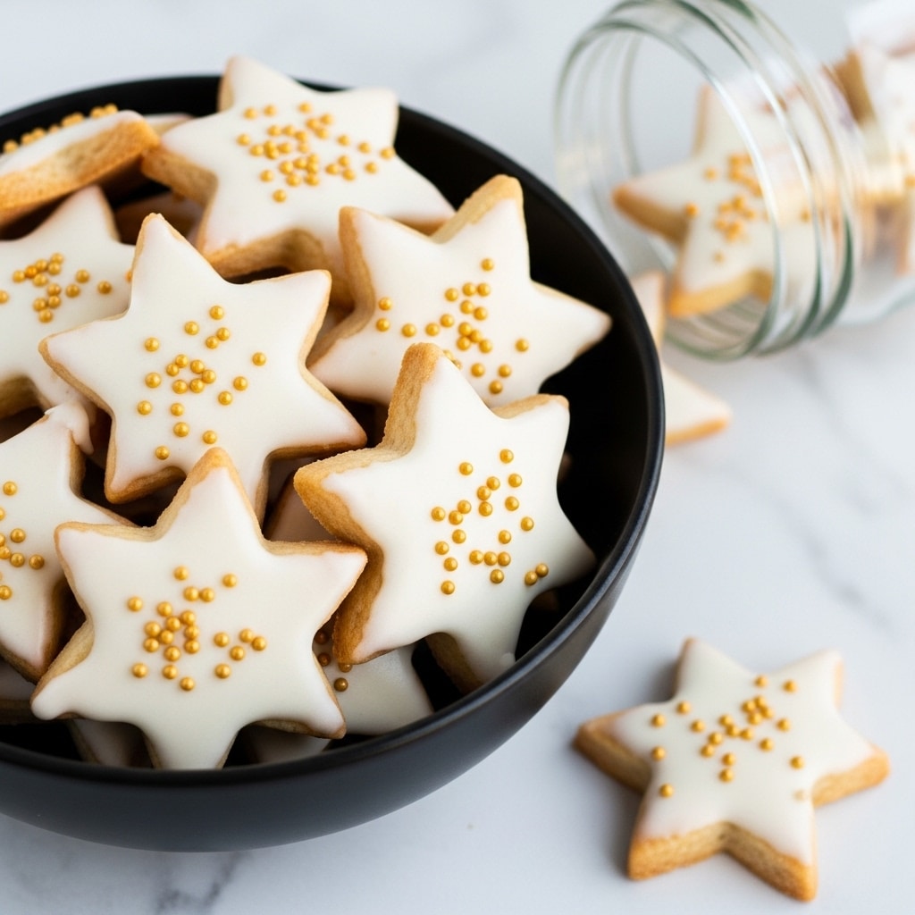 The image shows a close-up of a black bowl filled with star-shaped cookies. Some cookies are plain light tan color, while others are partly covered with smooth white icing. The white icing is thick and shiny, covering most of the surface of the star cookies. Small gold sprinkles are scattered over the icing, adding dots of bright color. The bowl sits on a white marbled surface, and a clear glass jar is tipped over nearby, as if the cookies just spilled out. The light makes the icing look creamy and soft. photo taken with an iphone --ar 4:5 --v 7