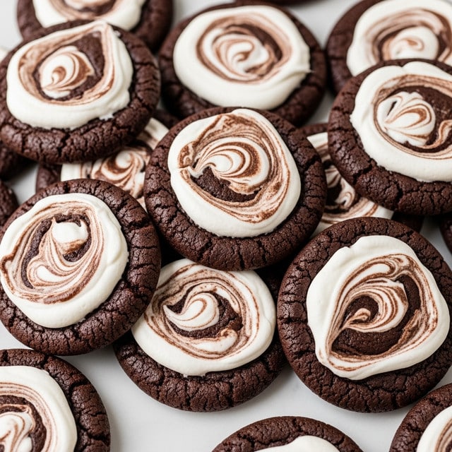 The image shows a pile of round chocolate cookies with a cracked texture and a smooth swirl of white cream on top. Each cookie has a dark brown base with a thick layer of white cream that is mixed to create dark brown marble patterns. The cookies are stacked closely together on a white marbled surface, giving a cozy and rich feel. The lighting highlights the soft cream texture and the rough cookie edges clearly. photo taken with an iphone --ar 4:5 --v 7