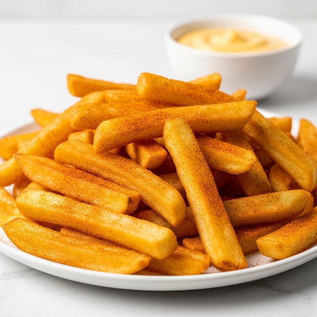 A large pile of golden-yellow French fries covered with a fine layer of reddish-orange spice powder sits on a white plate. The fries are thick and crispy, with some lying flat while others overlap, creating a textured mound. Behind the plate, there is a small white bowl filled with a smooth, creamy yellow dipping sauce, slightly blurred to focus on the fries. The whole setup is placed on a white marbled surface. photo taken with an iphone --ar 4:5 --v 7