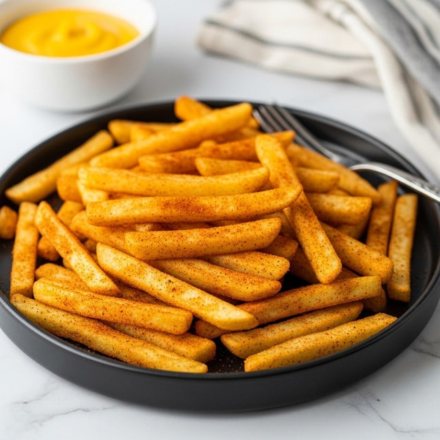 A round black plate filled with a pile of golden yellow French fries covered in a red spice powder, creating a textured look on each fry. The fries are stacked loosely, some leaning against others, with a metal fork resting on the right side of the plate. In the background, there is a white bowl holding a bright yellow sauce, slightly blurred, placed on a white marbled surface with a folded cloth visible near it. Photo taken with an iphone --ar 4:5 --v 7