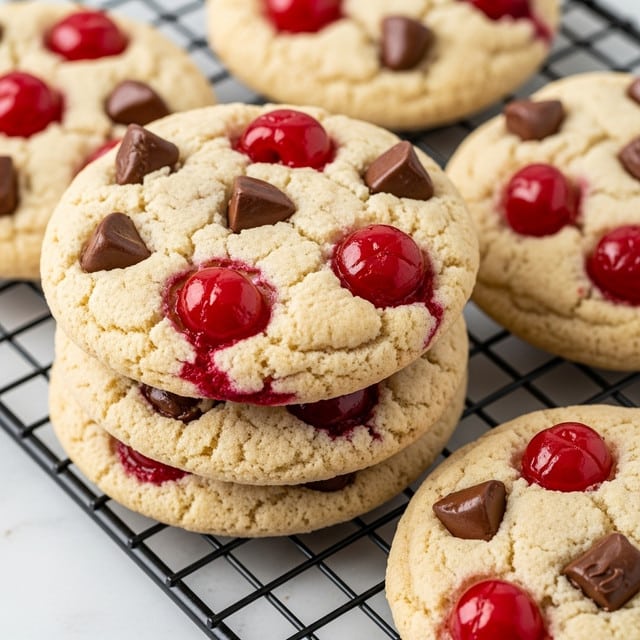 The image shows a close-up of several freshly baked cookies stacked on a black wire cooling rack. Each cookie has a soft, slightly golden beige base layer with clear texture of baked dough, dotted generously with shiny, bright red cherries that pop out visually, and smooth dark brown chocolate chunks scattered unevenly across each cookie's surface. The cookies appear soft and chewy with slight cracks, emphasizing their fresh-baked quality. The background beneath the cooling rack is a white marbled texture. photo taken with an iphone --ar 4:5 --v 7