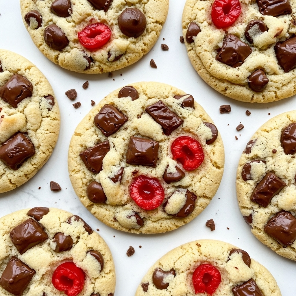 The image shows several soft cookies placed close together on a white marbled surface, each cookie with a light golden-brown dough filled with large, shiny dark chocolate chunks and pieces of bright red maraschino cherries scattered inside and on top. The cookies have a slightly irregular round shape with a textured, slightly cracked surface, highlighting their soft and chewy texture. Small chocolate crumbs and bits of cherries are scattered around the cookies, adding a touch of detail to the scene. Photo taken with an iphone --ar 4:5 --v 7