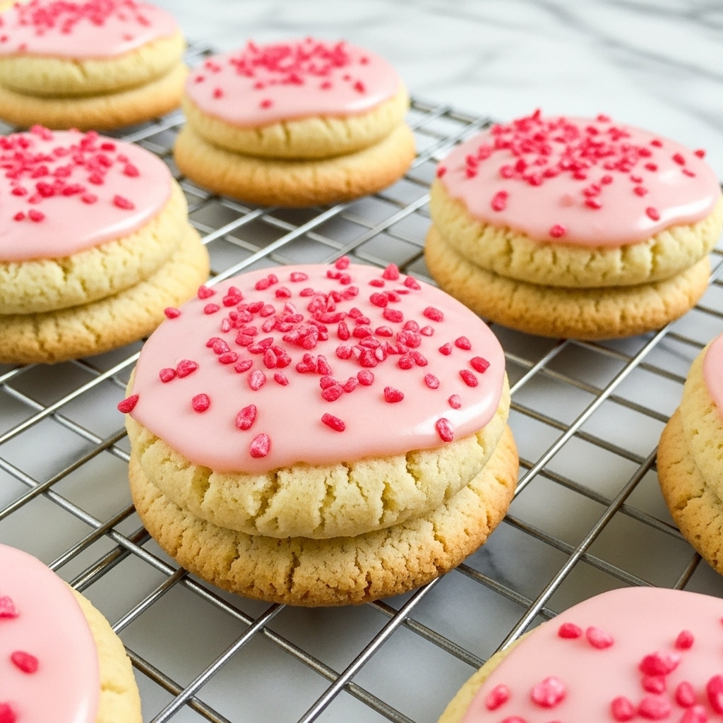 The image shows soft, round cookies on a metal cooling rack with a white marbled background. Each cookie has a light golden-brown base with a thick, smooth layer of pale pink icing on top, sprinkled with small red sugar crystals evenly spread across the surface. The cookies have a slightly cracked texture near the bottom edges and appear fluffy and thick, about two layers in height. Photo taken with an iphone --ar 4:5 --v 7