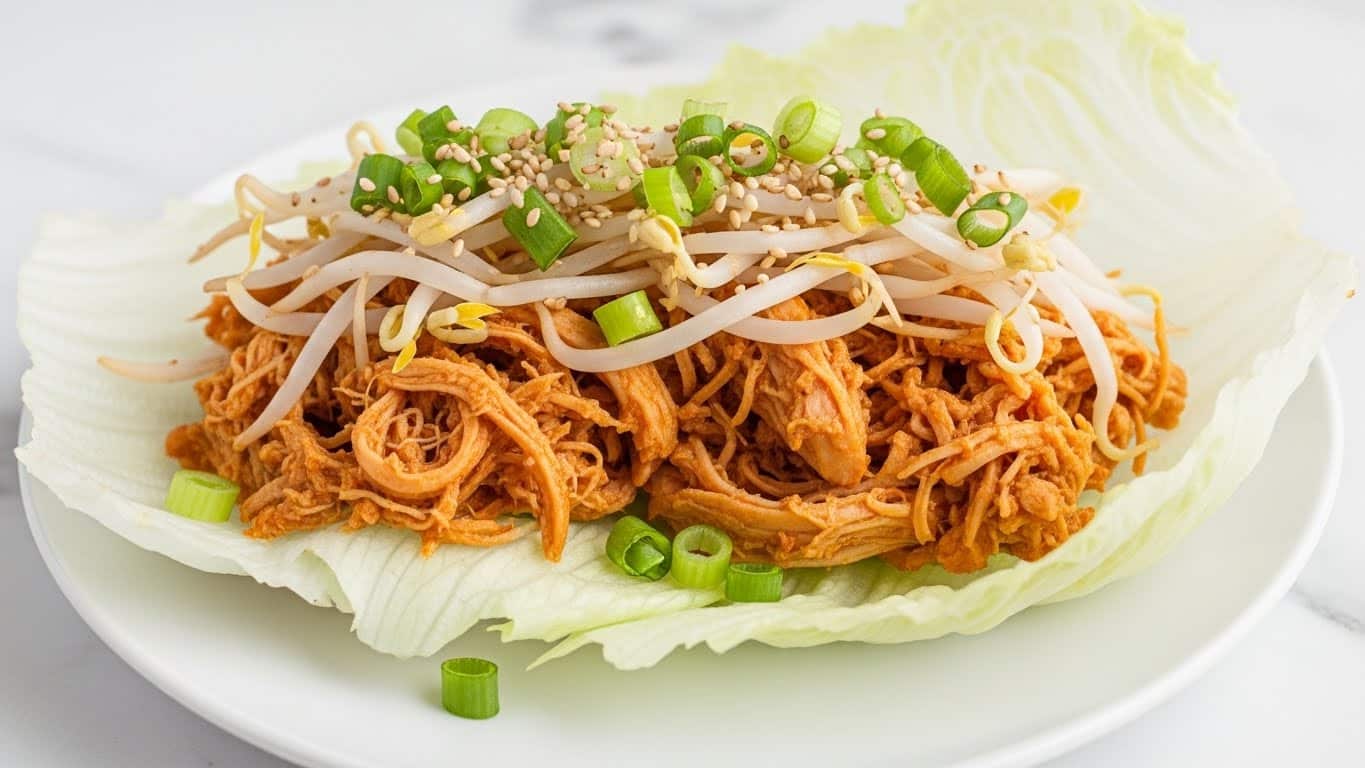 A white lettuce leaf forms the base layer, fresh and crisp with soft green color and natural ruffle texture. On top, there is shredded orange-brown pulled chicken, moist and tender with visible stringy pieces. Over the chicken, there is a small layer of thin, light beige bean sprouts with a crunchy texture. Scattered on top are small, chopped green onions adding bright green color, along with white sesame seeds for speckled detail. The dish is served on a white plate placed on a white marbled surface. photo taken with an iphone --ar 4:5 --v 7