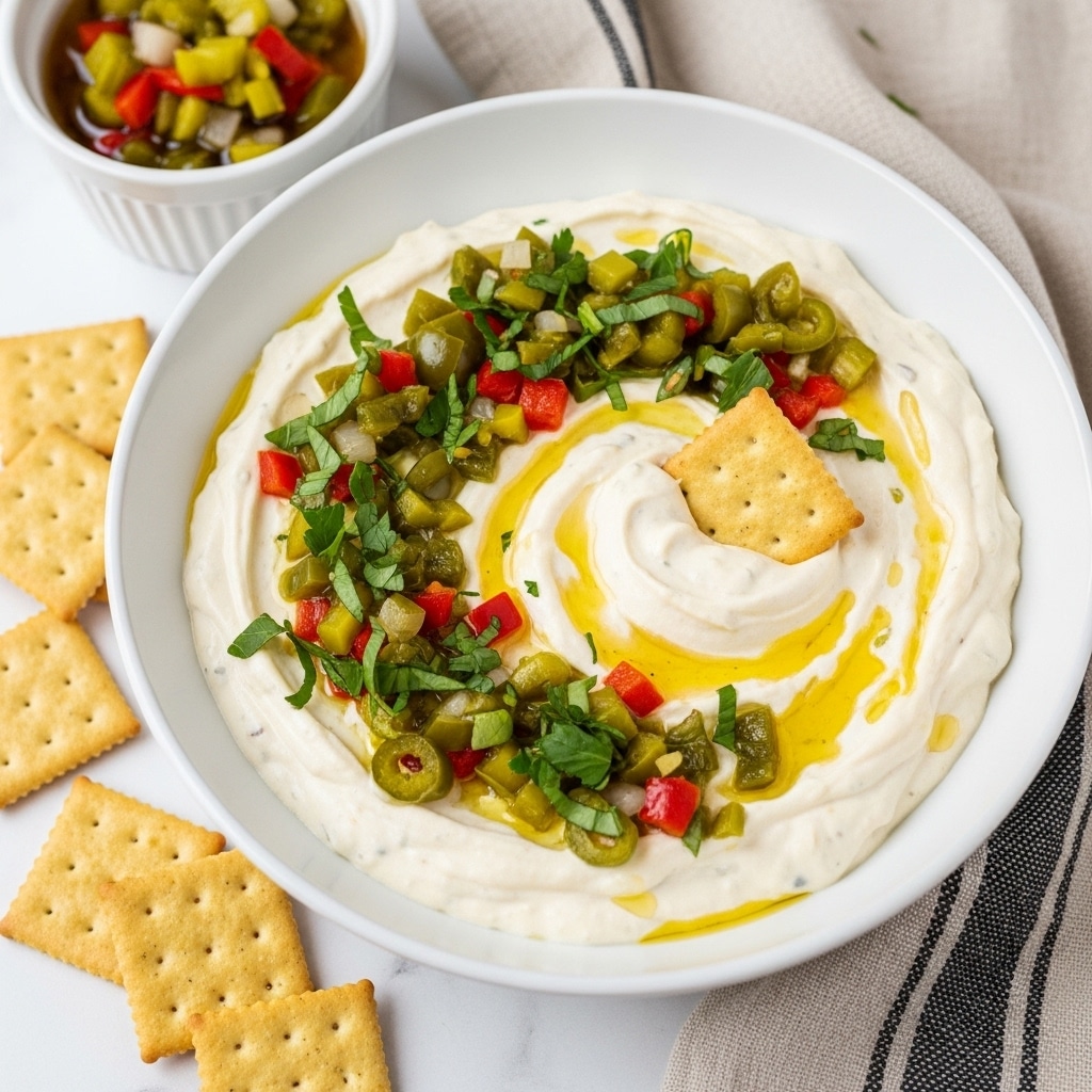 A creamy dip fills a deep white bowl, topped with chopped green and red peppers, fresh green herbs, and a drizzle of golden oil, creating a colorful, textured surface. A single square cracker is dipped into the dip near the center, breaking the smooth top layer. Around the bowl, several square crackers lie scattered on a white marbled textured surface. Behind, a smaller white bowl holds a chunky mixture of diced vegetables in liquid. A beige cloth with black stripes is placed near the large bowl. The lighting highlights the dip’s creamy, rich texture and the fresh colors of the toppings. photo taken with an iphone --ar 4:5 --v 7