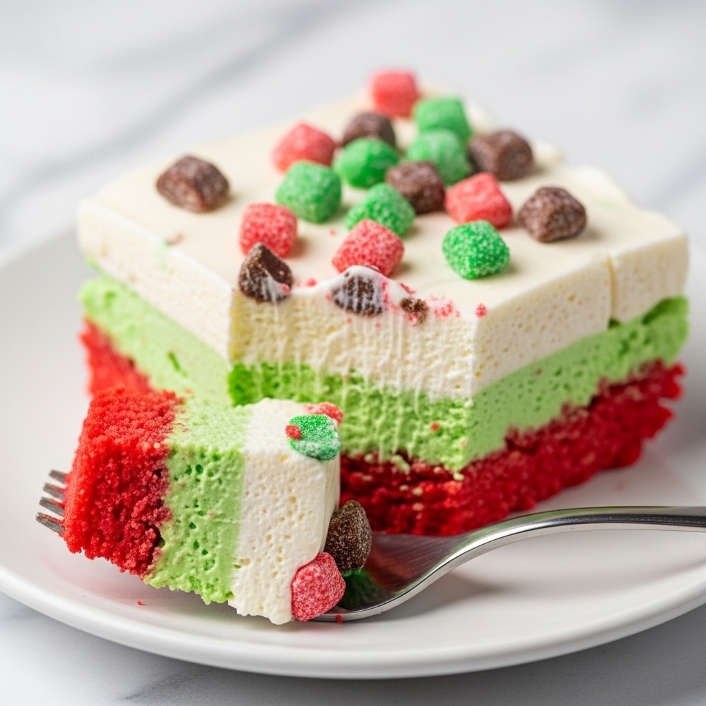 A close-up of a square dessert on a white plate with three visible layers: the bottom layer is a crumbly, bright red crust, the middle layer is a smooth light green filling, and the top layer is white with a soft creamy texture, sprinkled with small chunks of red, green, and dark brown candy pieces. A silver fork holds a bite-sized piece showing all three layers clearly. The white marbled surface is blurred in the background. photo taken with an iphone --ar 4:5 --v 7