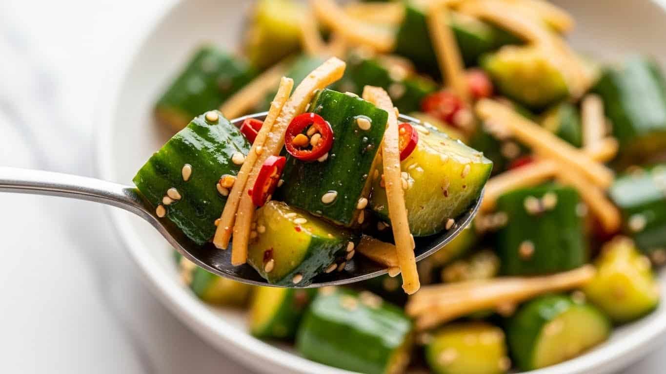 A close-up of a spoon holding a mix of chopped cucumber pieces coated in a glossy sauce with visible sesame seeds and red chili flakes, along with thin, light brown strips that look like cooked onions or ginger, with a blurred background of more of the same cucumber salad in a white bowl on a white marbled texture. The colors are mostly green from the cucumber, light brown from the strips, and specks of red and white from the chili flakes and sesame seeds, giving a fresh and spicy look. Photo taken with an iphone --ar 4:5 --v 7