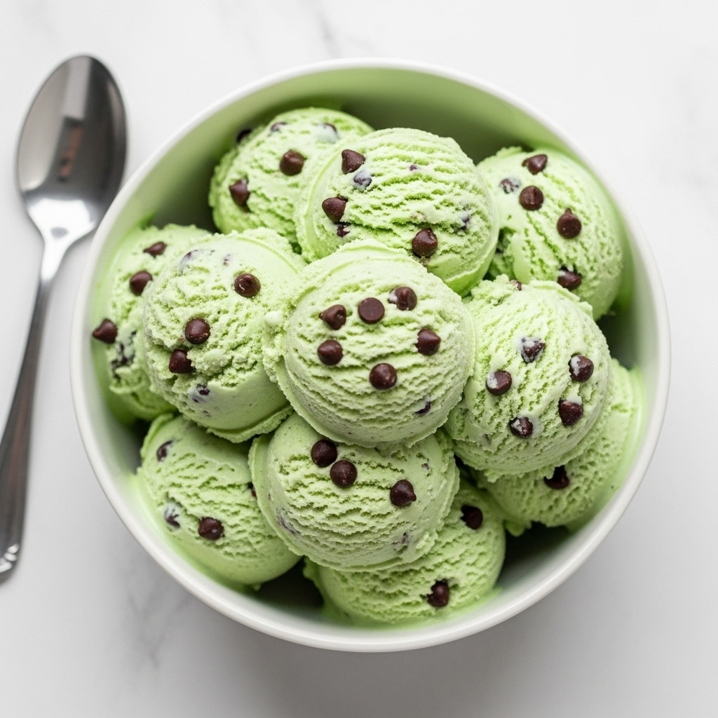 A white bowl filled with about nine scoops of light green ice cream with a creamy texture, each scoop dotted with dark chocolate chips spread throughout the surface. The ice cream scoops are stacked closely and show a smooth yet slightly crumbly surface with some melting spots. The bowl sits on a white marbled texture, with a silver spoon placed to the left of the bowl. The light green color of the ice cream contrasts with the dark chocolate chips and the white bowl creating a fresh, inviting look. photo taken with an iphone --ar 4:5 --v 7