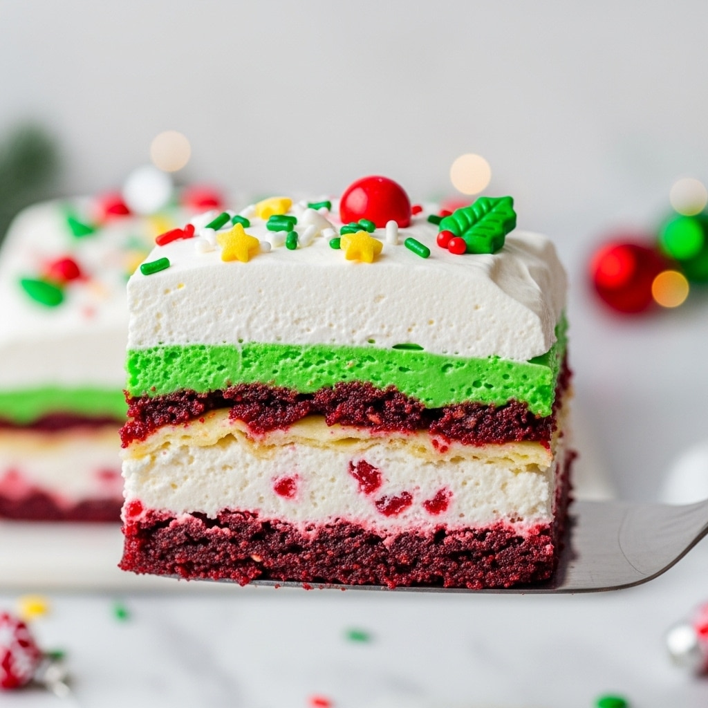 A close-up of a dessert slice showing four clear layers on a metal spatula: the bottom layer is thick and dark red, crumbly in texture; above it is a fluffy white layer with small red specks; the third layer is smooth and bright green; topped with a thick white whipped cream layer decorated with colorful sprinkles including green, white, small yellow stars, a red round candy, and a green leaf-shaped candy. The background has a soft focus with a white marbled texture surface and blurred holiday decorations. photo taken with an iphone --ar 4:5 --v 7