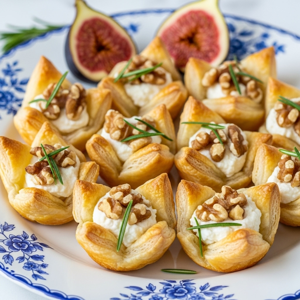 The image shows multiple small pastries arranged closely on a large white plate with blue floral patterns. Each pastry has two visible layers: the base is golden brown flaky puff pastry, folded upwards at four points forming an open cup shape, and the second layer inside the cup consists of white creamy cheese topped with chopped light brown walnuts and thin green rosemary pieces scattered on top. In the background, a sliced fig with bright red and purple colors adds contrast. The scene is set on a white marbled surface. Photo taken with an iphone --ar 4:5 --v 7