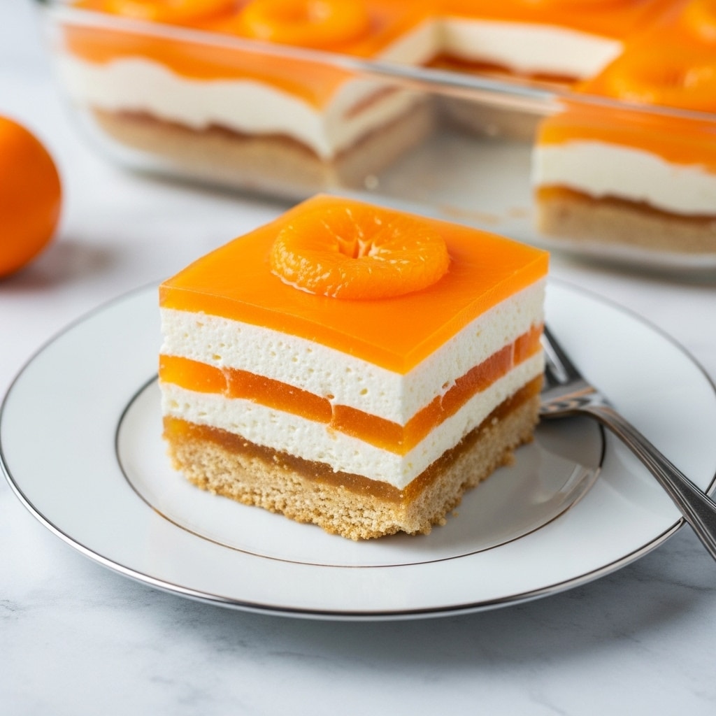 A square slice of dessert with four visible layers is placed on a white plate with a silver rim, resting on a white marbled texture surface. The bottom layer is a light tan crumbly base, followed by a thin orange jelly layer. Above that is a thick creamy white layer with a smooth, fluffy texture. The top layer is a bright orange jelly topped with a round, glossy slice of mandarin orange. A fork lies next to the dessert on the plate, and a glass baking dish filled with more of the dessert is blurred in the background. Photo taken with an iphone --ar 4:5 --v 7