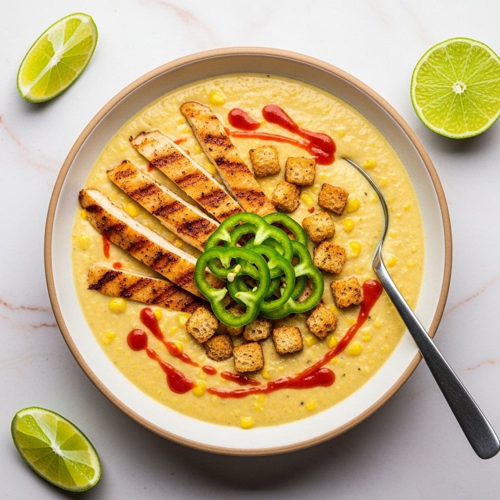A creamy soup served in a white bowl with a beige rim, filled with a smooth, pale yellow base mixed with small corn pieces. On top, there are grilled chicken strips with a light golden brown color, scattered crispy light brown croutons, and bright green sliced bell peppers arranged in the center. A few streaks of reddish sauce are drizzled over the soup's surface, adding a splash of contrast. A spoon with a silver bowl and a black handle rests inside the bowl. Around the bowl, slices of bright green lime sit on a white marbled surface with a soft pink hue. Photo taken with an iphone --ar 4:5 --v 7