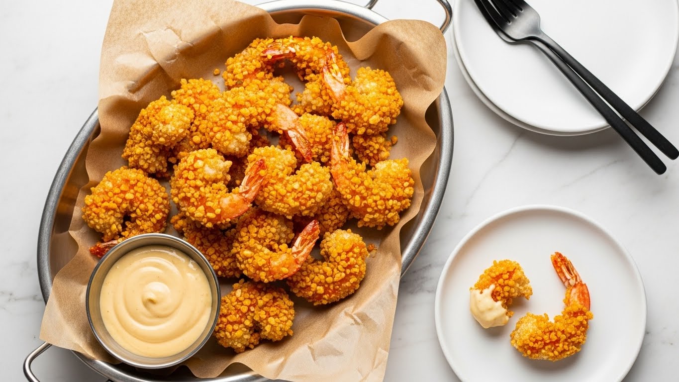 A silver oval tray lined with light brown parchment paper holds a pile of golden, crispy breaded shrimp, each piece coated in a textured, crunchy crust with hints of orange and yellow tones. On the bottom left corner of the tray sits a small metal bowl filled with smooth, pale yellow dipping sauce. To the side, a small white plate with a piece of shrimp partially dipped in the sauce is visible, along with two black forks resting on a white plate in the top right, all placed on a white marbled texture. Photo taken with an iphone --ar 4:5 --v 7