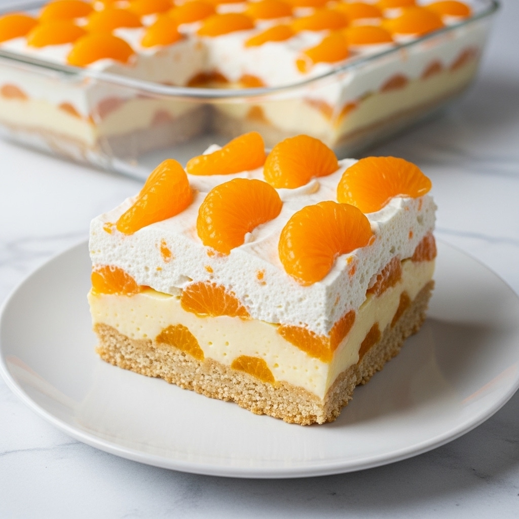 A square slice of a layered dessert is placed on a white plate. The bottom layer is a light golden crumbly crust, topped by a smooth pale yellow custard layer. Above the custard, there is a thick, fluffy white cream layer with small orange fruit pieces mixed in. The top layer consists of bright orange mandarin slices neatly arranged to cover the cream fully. In the background, a glass dish holding the rest of the dessert is slightly blurred but shows the same layers. The setup is on a white marbled textured surface. photo taken with an iphone --ar 4:5 --v 7
