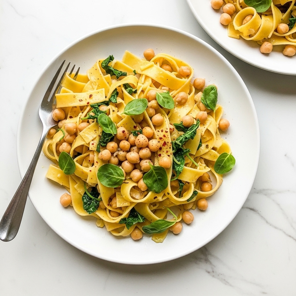 Two white round plates filled with pasta and chickpeas are set on a white marbled surface. Each plate holds a generous layer of wide, flat yellow pasta ribbons mixed with light beige chickpeas and small green leaves, likely herbs or small leafy vegetables. The pasta appears lightly coated with sauce, giving it a slight shine, and there are small bits of red seasoning scattered on top. A silver fork rests on the edge of the left plate, partially inserted into the pasta. The scene is bright and clean, focusing on the texture and color of the simple, fresh ingredients. Photo taken with an iphone --ar 4:5 --v 7