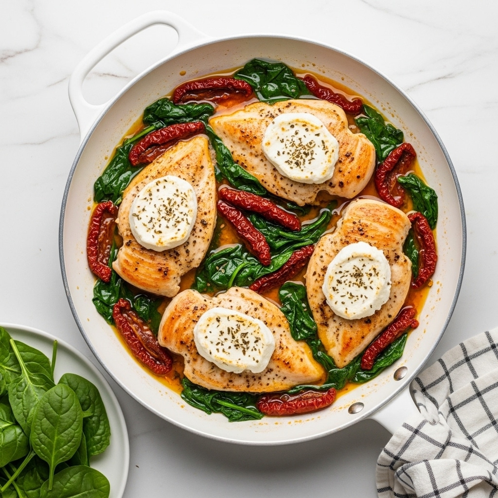 A white pan holds four cooked chicken breasts, each topped with a dollop of soft white cheese. Around and under the chicken, there are bright red sun-dried tomatoes and wilted dark green spinach leaves in a light orange oily sauce, with some herbs sprinkled on the chicken. The pan is placed on a white marbled surface, next to a white plate holding fresh spinach leaves and part of a checkered cloth visible near the pan handle. Photo taken with an iphone --ar 4:5 --v 7