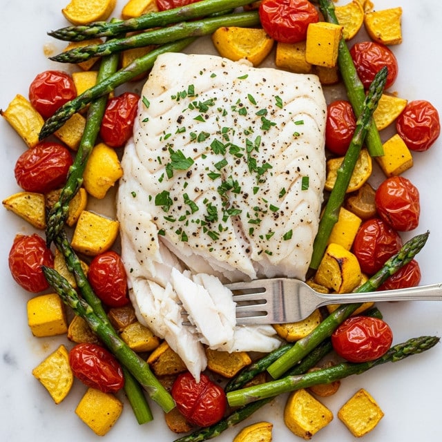The image shows a cooked dish on a white marbled surface with a large piece of white fish fillet in the center, sprinkled with chopped green herbs and black pepper, with a fork pulling apart flaky layers revealing its soft texture. Surrounding the fish are bright yellow squash chunks, green asparagus stalks, and roasted red cherry tomatoes. The vegetables are mixed evenly around the fish, showing slight charring and a juicy, tender look. photo taken with an iphone --ar 4:5 --v 7
